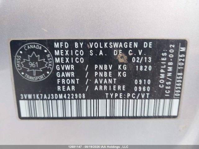 12681147 :رقم المزاد ، 3VW1K7AJ3DM422908 vin ، 2013 Volkswagen Jetta S مزاد بيع
