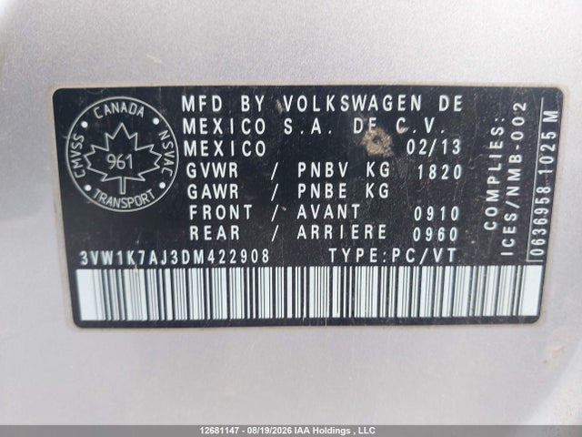 12681147 :رقم المزاد ، 3VW1K7AJ3DM422908 vin ، 2013 Volkswagen Jetta S مزاد بيع