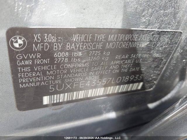 12681172 :رقم المزاد ، 5UXFE43557L018933 vin ، 2007 Bmw X5 3.0si مزاد بيع