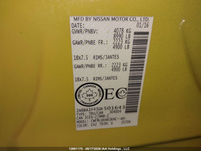 12681175 :رقم المزاد ، 1N6BA1F43GN501643 vin ، 2016 Nissan Titan Xd Sl/pro-4x/plat Reserve مزاد بيع