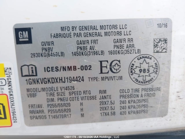 Chevrolet Traverse Lt 2017 1GNKVGKDXHJ194424 Image 9