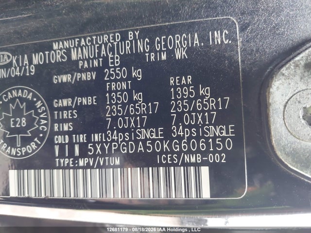 12681179 :رقم المزاد ، 5XYPGDA50KG606150 vin ، 2019 Kia Sorento 2.4l Lx/3.3l Lx مزاد بيع