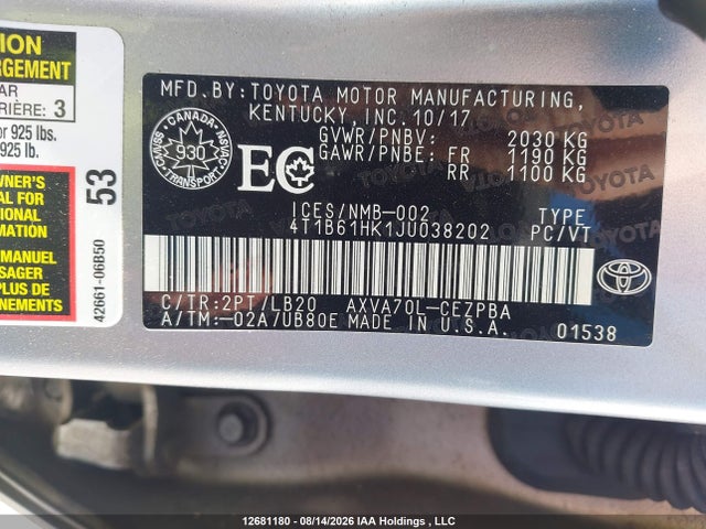Aukcja sprzedaży 2018 Toyota Camry Xse, vin: 4T1B61HK1JU038202, numer aukcji: 12681180