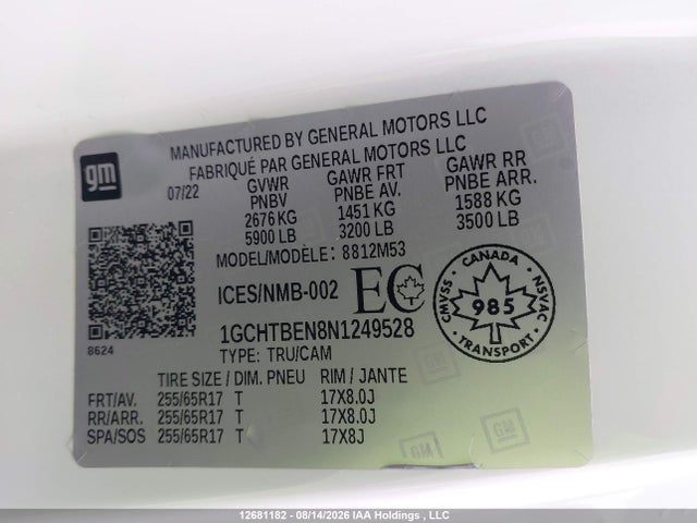 12681182 :رقم المزاد ، 1GCHTBEN8N1249528 vin ، 2022 Chevrolet Colorado مزاد بيع