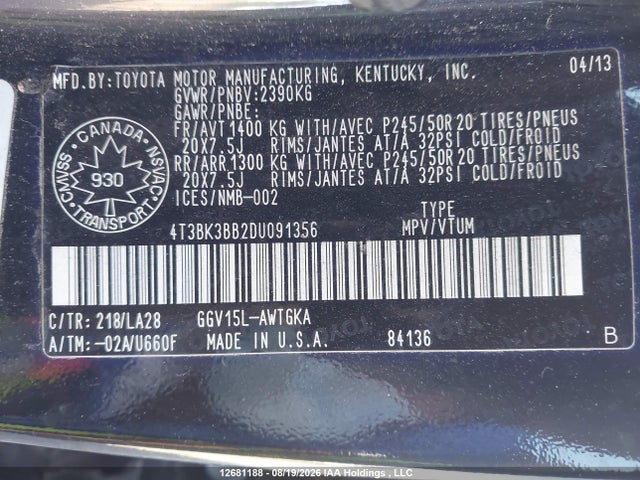 2013 Toyota Venza Le/xle/limited მანქანა იყიდება აუქციონზე, vin: 4T3BK3BB2DU091356, აუქციონის ნომერი: 12681188