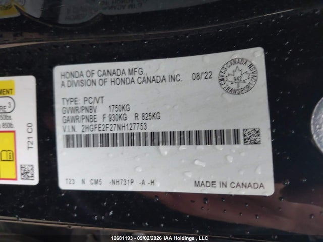 Honda Civic 2022 2HGFE2F27NH127753 Image 18