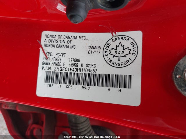 12681198 :رقم المزاد ، 2HGFC1F40HH103557 vin ، 2017 Honda Civic Ex-t مزاد بيع