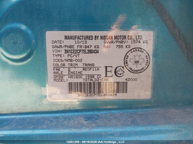 Aukcja sprzedaży 2014 Nissan Versa Note 1.6 S/1.6 Sl/1.6 Sv, vin: 3N1CE2CP7EL390434, numer aukcji: 12681205