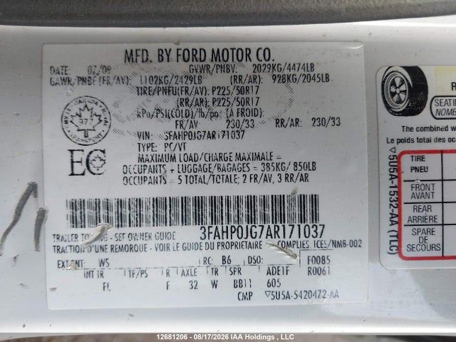 2010 Ford Fusion Sel მანქანა იყიდება აუქციონზე, vin: 3FAHP0JG7AR171037, აუქციონის ნომერი: 12681206