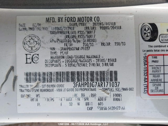 2010 Ford Fusion Sel მანქანა იყიდება აუქციონზე, vin: 3FAHP0JG7AR171037, აუქციონის ნომერი: 12681206