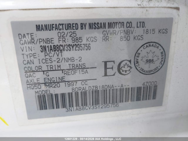 3N1AB8CV3SY295756 Nissan Sentra Sv Cvt