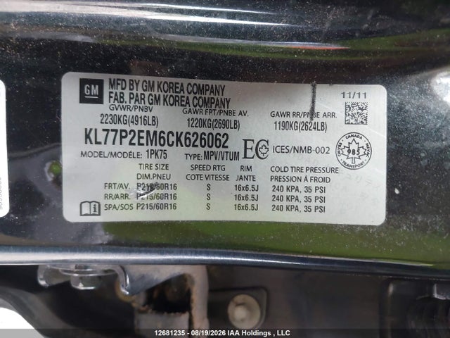 Продаж на аукціоні авто 2012 Chevrolet Orlando 1lt/2lt, vin: KL77P2EM6CK626062, номер лоту: 12681235