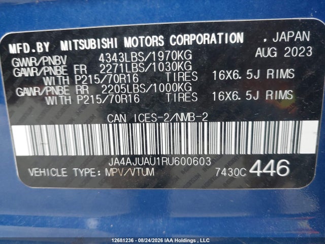 12681236 :رقم المزاد ، JA4AJUAU1RU600603 vin ، 2024 Mitsubishi Rvr Es مزاد بيع
