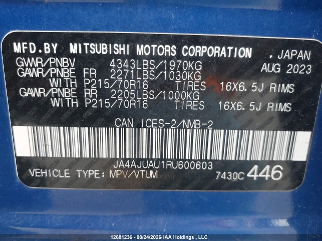 12681236 :رقم المزاد ، JA4AJUAU1RU600603 vin ، 2024 Mitsubishi Rvr Es مزاد بيع