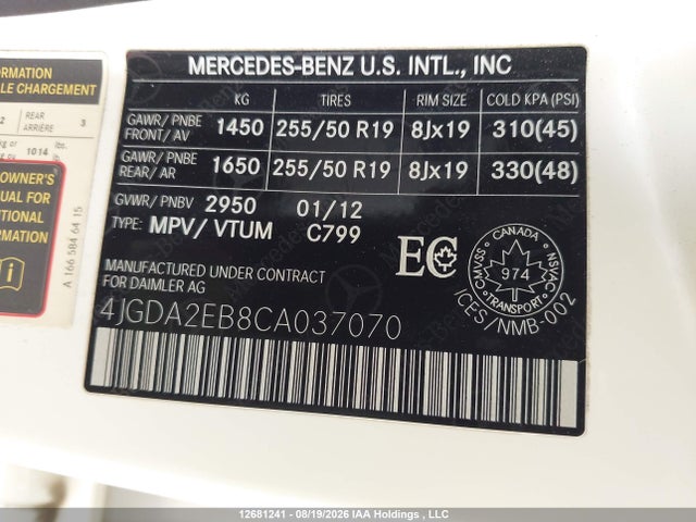 Продажа на аукционе авто 2012 Mercedes-benz Ml 350 Bluetec, vin: 4JGDA2EB8CA037070, номер лота: 12681241