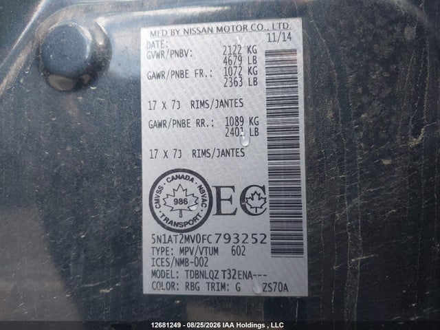 12681249 :رقم المزاد ، 5N1AT2MV0FC793252 vin ، 2015 Nissan Rogue S/sl/sv مزاد بيع