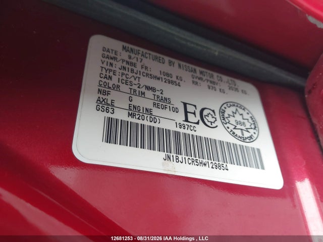 12681253 :رقم المزاد ، JN1BJ1CR5HW129854 vin ، 2017 Nissan Qashqai S/sl/sv مزاد بيع