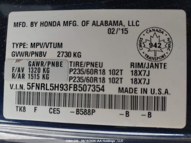 5FNRL5H93FB507354 Honda Odyssey Touring