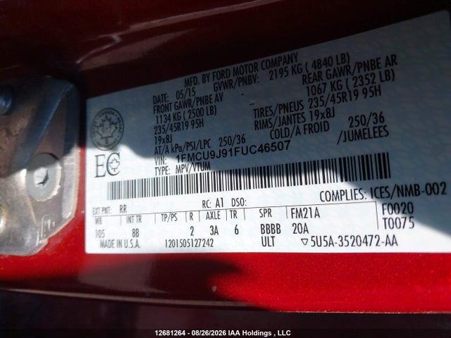 Ford Escape Titanium 2015 1FMCU9J91FUC46507 Image 9