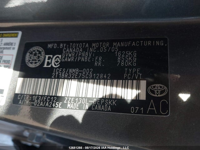 Aukcja sprzedaży 2005 Toyota Corolla Ce/le/sport, vin: 2T1BR32E75C912842, numer aukcji: 12681266