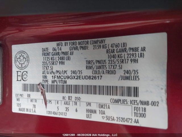 Продажа на аукционе авто 2014 Ford Escape Se, vin: 1FMCU9GX2EUD82617, номер лота: 12681269