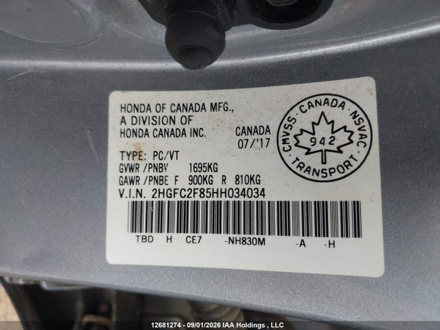 2017 Honda Civic მანქანა იყიდება აუქციონზე, vin: 2HGFC2F85HH034034, აუქციონის ნომერი: 12681274