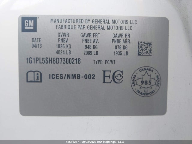 12681277 :رقم المزاد ، 1G1PL5SH8D7300218 vin ، 2013 Chevrolet Cruze Ls مزاد بيع