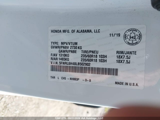 Honda ODYSSEY EX 2020 5FNRL6H48LB502902 Image 9