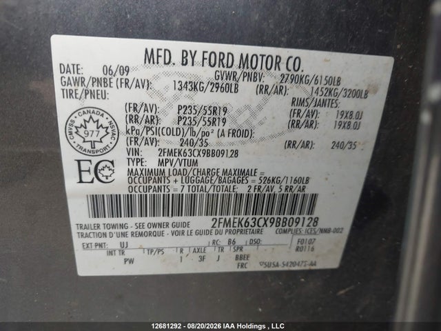 12681292 :رقم المزاد ، 2FMEK63CX9BB09128 vin ، 2009 Ford Flex Limited مزاد بيع