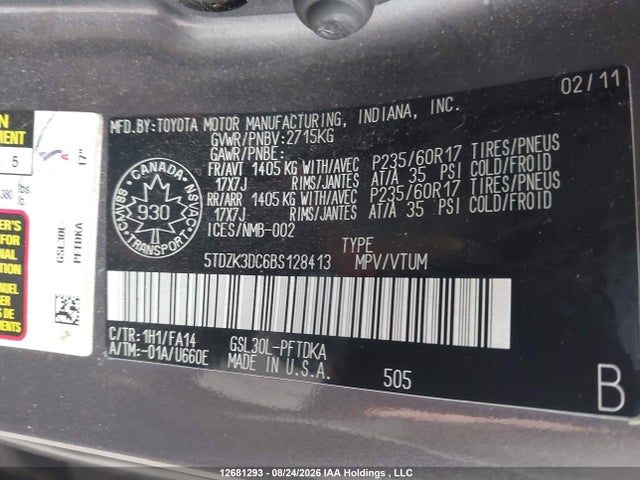 Продажа на аукционе авто 2011 Toyota Sienna V6 7 Passenger, vin: 5TDZK3DC6BS128413, номер лота: 12681293