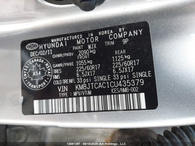 12681297 :رقم المزاد ، KM8JTCAC1CU435379 vin ، 2012 Hyundai Tucson Gl مزاد بيع