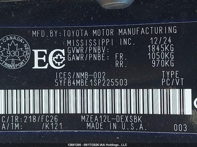 Продаж на аукціоні авто 2025 Toyota Corolla Se, vin: 5YFB4MBE1SP225503, номер лоту: 12681300