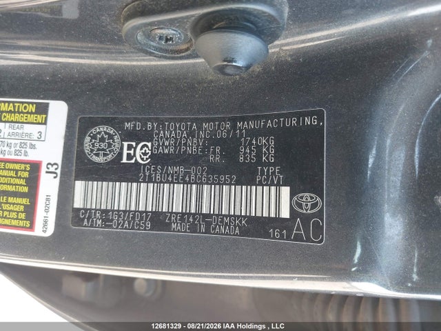 12681329 :رقم المزاد ، 2T1BU4EE4BC635952 vin ، 2011 Toyota Corolla S مزاد بيع
