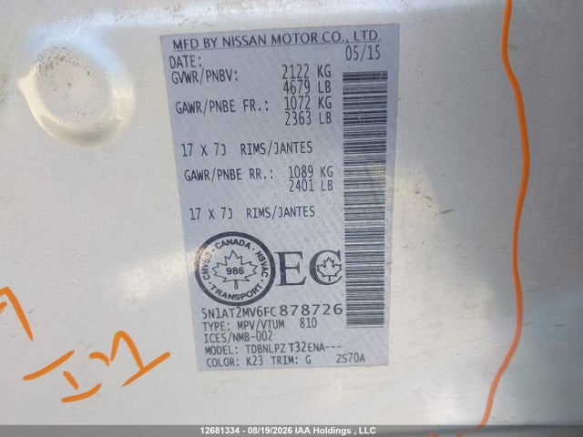 5N1AT2MV6FC878726 Nissan Rogue S/sl/sv