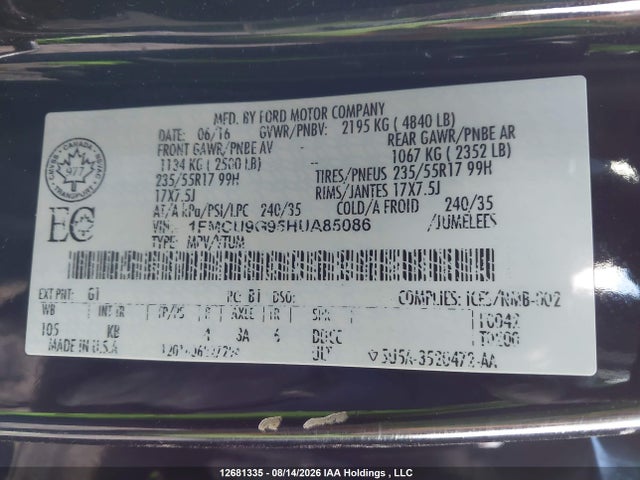 Ford ESCAPE SE 2017 1FMCU9G95HUA85086 Image 9