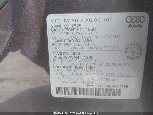 2011 Audi Q5 Premium Plus მანქანა იყიდება აუქციონზე, vin: WA1LKCFP9BA034796, აუქციონის ნომერი: 12681343