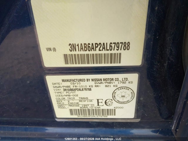 2010 Nissan Sentra 2.0/2.0s/sr/2.0sl მანქანა იყიდება აუქციონზე, vin: 3N1AB6AP2AL679788, აუქციონის ნომერი: 12681353