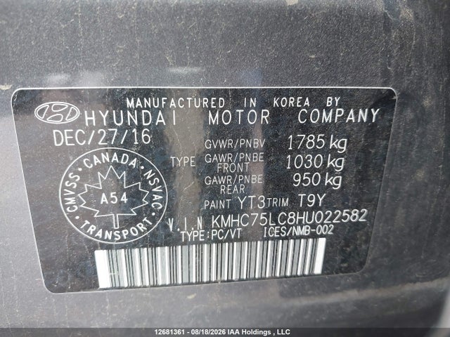 Aukcja sprzedaży 2017 Hyundai Ioniq Hybrid Se, vin: KMHC75LC8HU022582, numer aukcji: 12681361