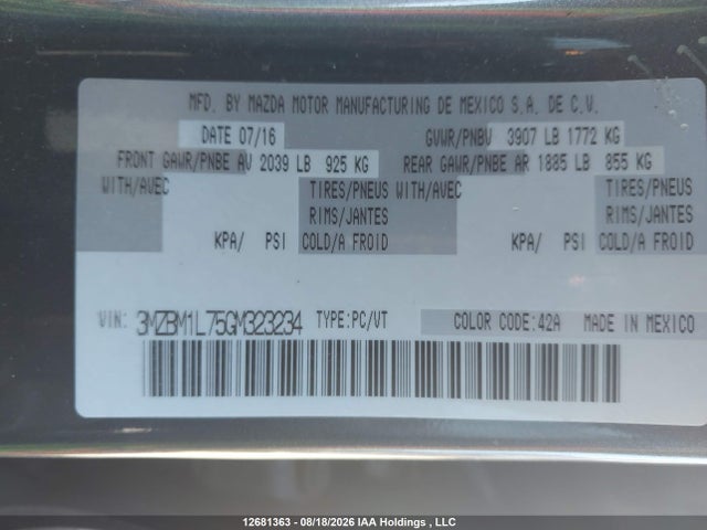 Продаж на аукціоні авто 2016 Mazda Mazda3 Gs, vin: 3MZBM1L75GM323234, номер лоту: 12681363