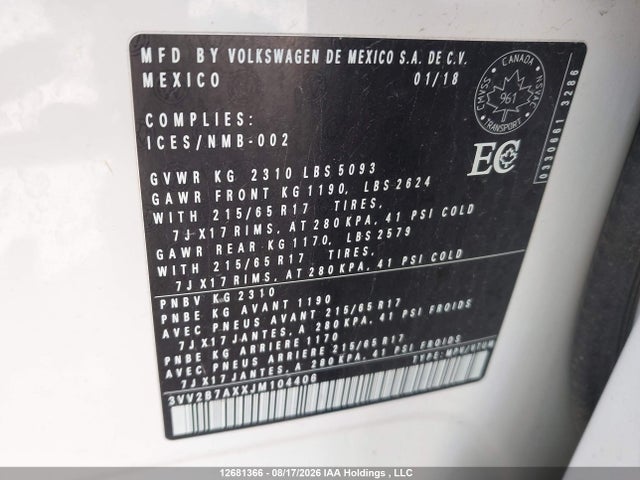 Aukcja sprzedaży 2018 Volkswagen Tiguan Se/sel, vin: 3VV2B7AXXJM104406, numer aukcji: 12681366
