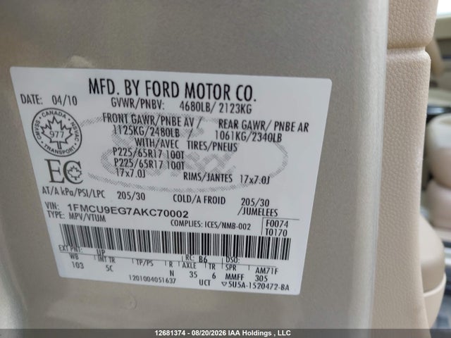 Продаж на аукціоні авто 2010 Ford Escape Limited, vin: 1FMCU9EG7AKC70002, номер лоту: 12681374