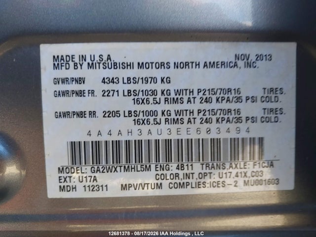 Продажа на аукционе авто 2014 Mitsubishi Rvr Se, vin: 4A4AH3AU3EE603494, номер лота: 12681378