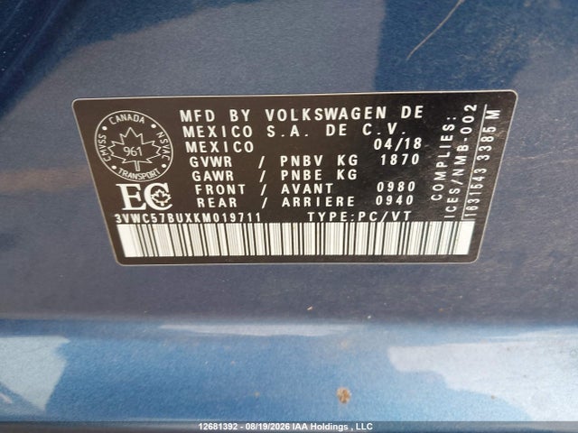 3VWC57BUXKM019711 Volkswagen Jetta 1.4 Tsi Comfortline