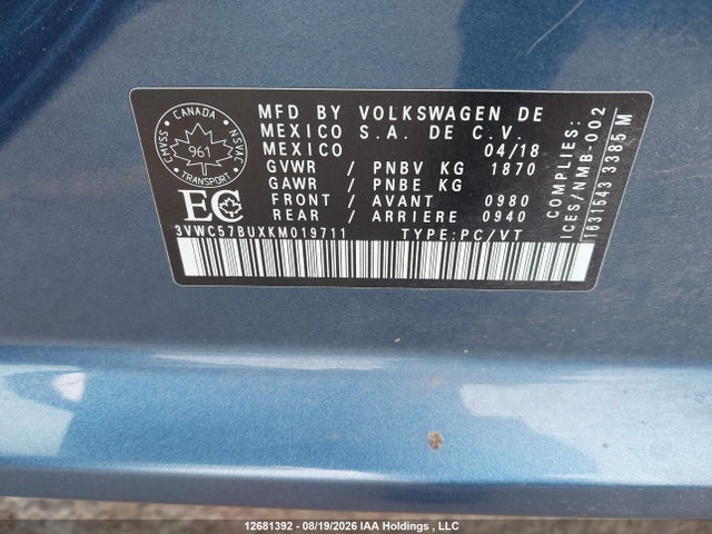 3VWC57BUXKM019711 Volkswagen Jetta 1.4 Tsi Comfortline