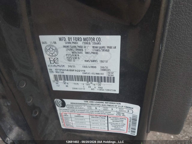2009 Ford F-150 მანქანა იყიდება აუქციონზე, vin: 1FTPW14V89FA22119, აუქციონის ნომერი: 12681402