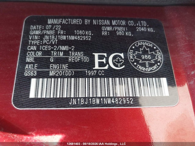 2022 Nissan Qashqai მანქანა იყიდება აუქციონზე, vin: JN1BJ1BW1NW482952, აუქციონის ნომერი: 12681403