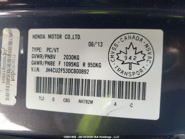 12681405 :رقم المزاد ، JH4CU2F53DC800892 vin ، 2013 Acura Tsx مزاد بيع