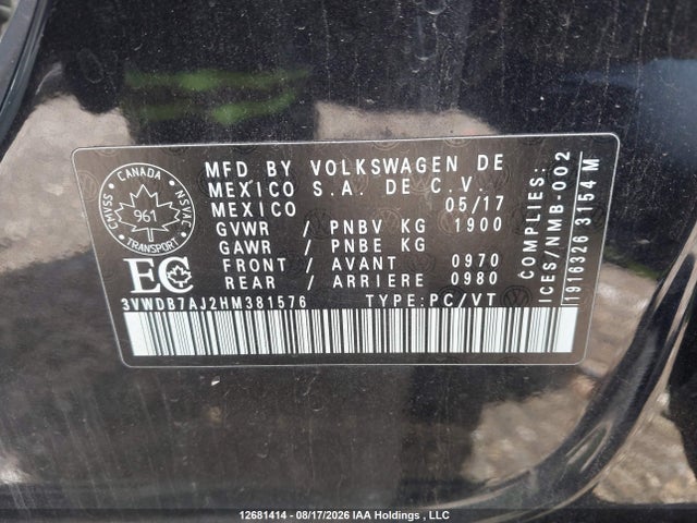 2017 Volkswagen Jetta Se მანქანა იყიდება აუქციონზე, vin: 3VWDB7AJ2HM381576, აუქციონის ნომერი: 12681414