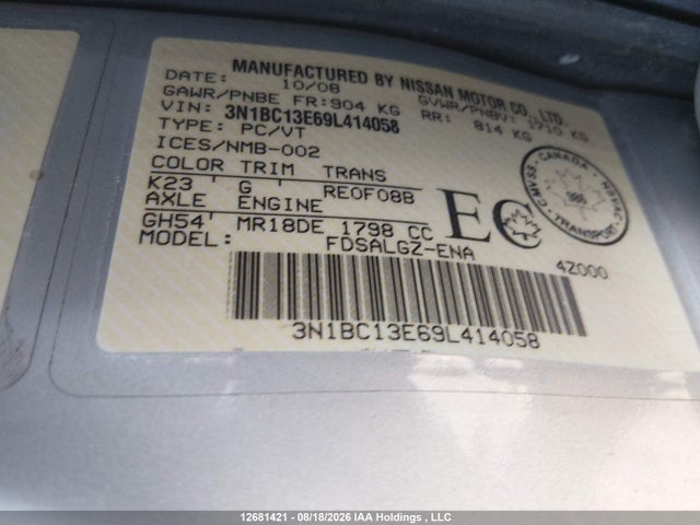 Aukcja sprzedaży 2009 Nissan Versa S/sl, vin: 3N1BC13E69L414058, numer aukcji: 12681421