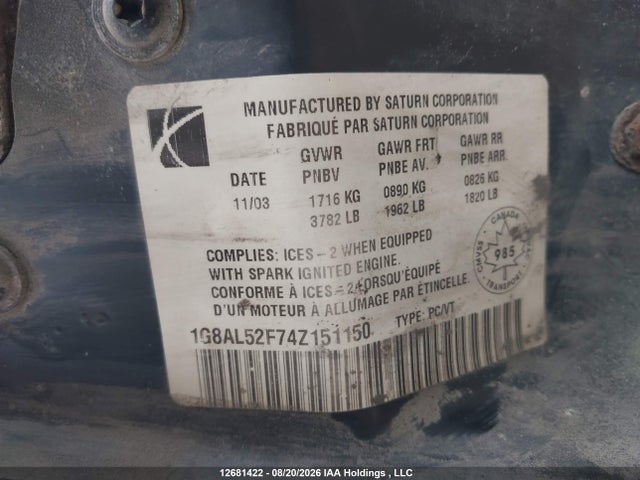 2004 Saturn Ion Level 3 მანქანა იყიდება აუქციონზე, vin: 1G8AL52F74Z151150, აუქციონის ნომერი: 12681422